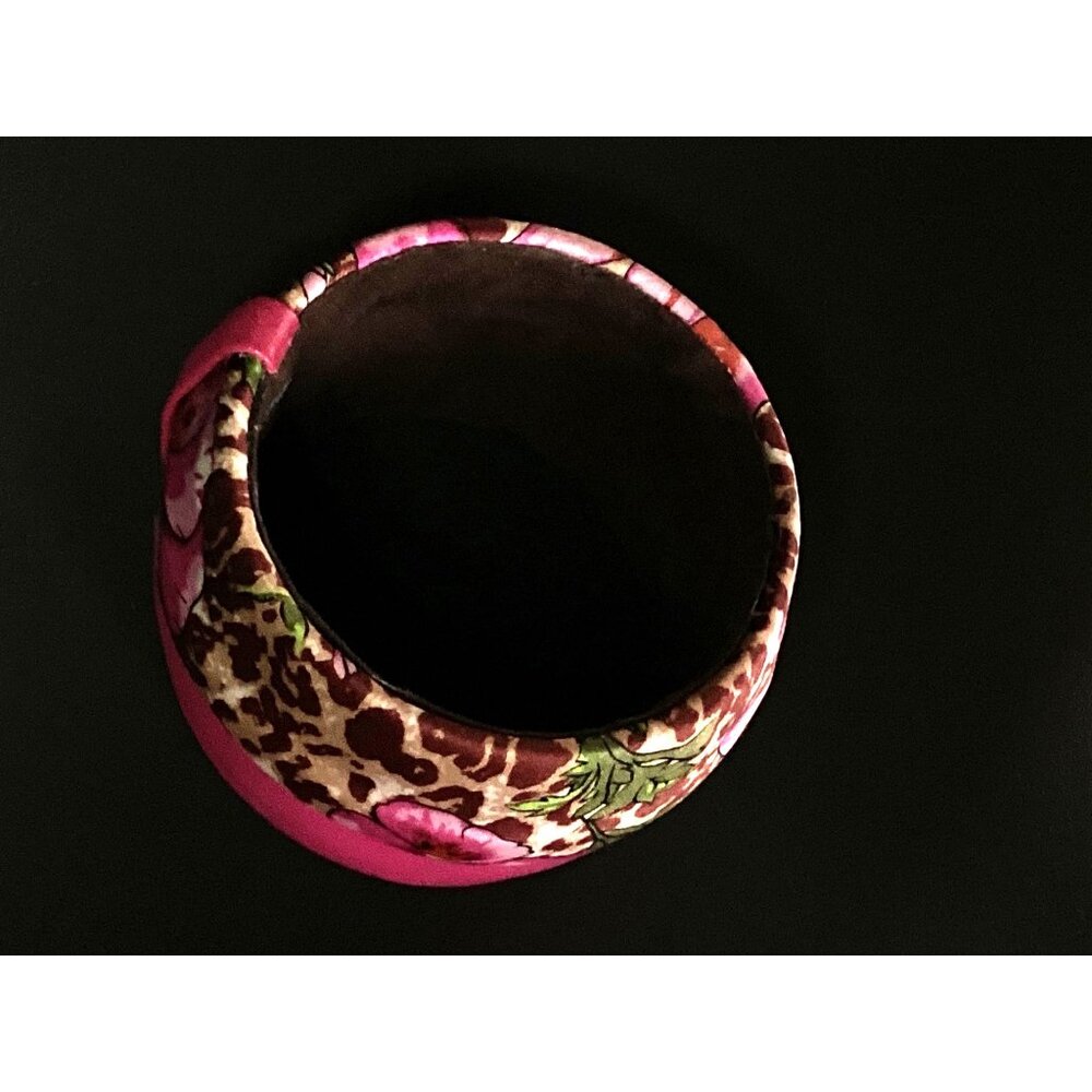 Tasha Chunky Wide Leather and Silk Bangle Bracelet in Pink Floral & Leopardskin - Picture 6 of 7